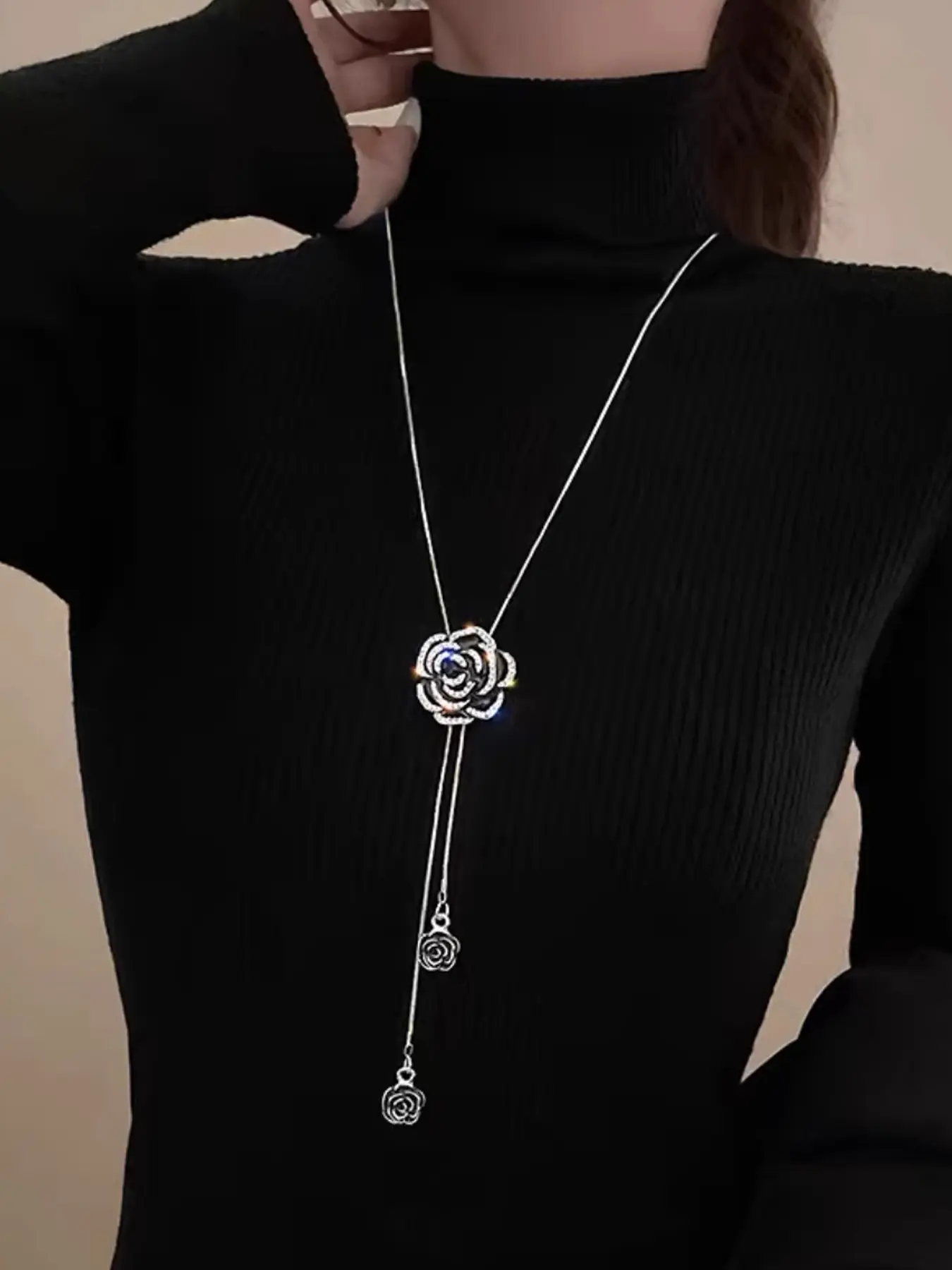 Drawstring Rose Flower Necklace, Dripping Floral Drawstring Butterfly Necklace, Long Clavicle Chain Waist Chain, Versatile Wear for Women, Fashion Necklace, Modern Fashion Accessories