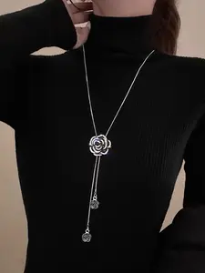 Drawstring Rose Flower Necklace, Dripping Floral Drawstring Butterfly Necklace, Long Clavicle Chain Waist Chain, Versatile Wear for Women, Fashion Necklace, Modern Fashion Accessories