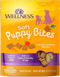 Wellness Soft Puppy Bites Healthy Grain-Free Treats for Training, Dog Treats with Real Meat and DHA, No Artificial Flavors(Lamb & Salmon, 3-Ounce Bag)