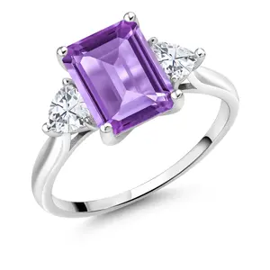 Gem Stone King 2-4 Cttw Gemstone Birthstone & White Moissanite 3-Stone Engagement Ring for Women | 10K White Gold | Emerald Cut 9X7MM Trillion 4MM | Gold Ring For Women