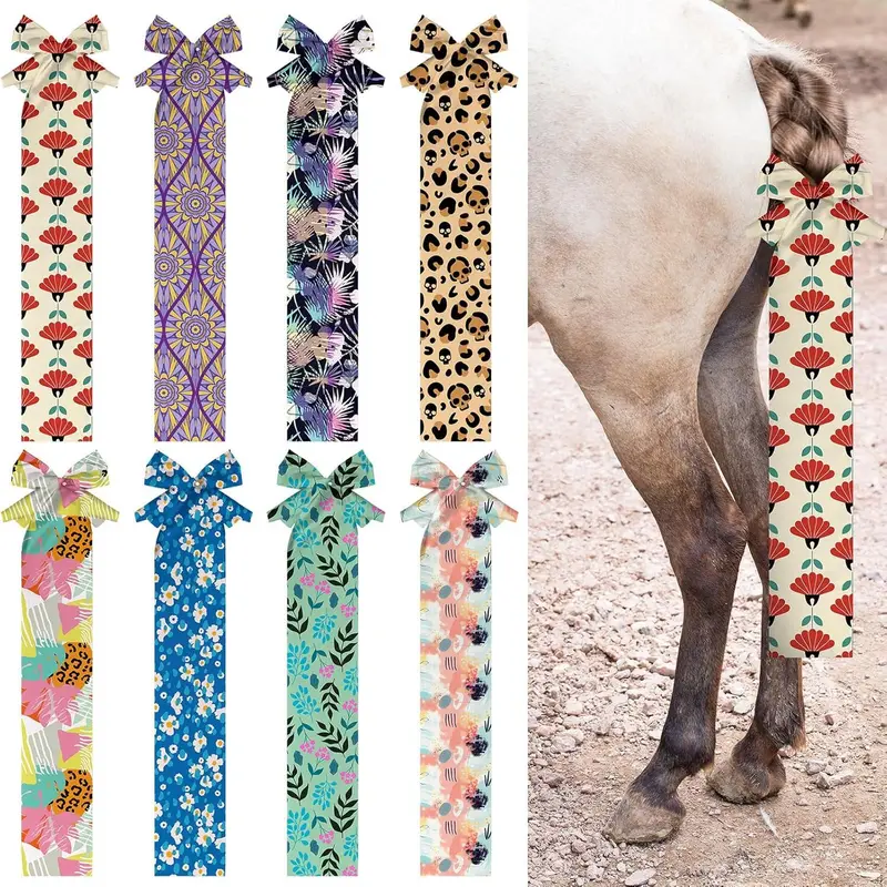 8 count Horse Tail Bag Breathable Guard Stretchy 22" Slip on Horse Tail Wrap 2 Strand Closure Straps Supplies to Keep from Dirt Breakage Rubbing 8 Designs