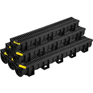 Trench Drain System And Channel Drain With Plastic Grate, 5.9x5.1-Inch HDPE Drainage Trench, Black Garage Floor Drain, 6x39 Trench Drain Grate, Includes 6 End Caps, Suitable For Garden And Driveway, 6 Pack