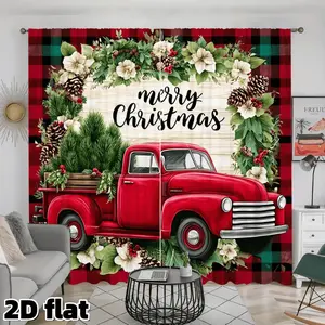 2D Flat 2Pcs Vintage Red Truck Christmas Buffalo Plaid Curtains with Pine Cone Floral Pattern, Rod Pocket Design, Premium Polyester Fabric, Semi Sunshade, for Living Room Bedroom Kitchen Holiday Home Decor, Home Decoration Curtain