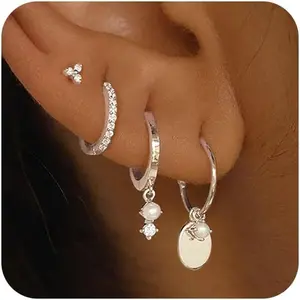 Gold Earrings For Women, Dainty Huggie Earrings Stack 14K Gold Plated Pearl Dangle Earrings for Women Trendy Cute Hypoallergenic Unique Gold Earring Stack Fashion Gold Jewelry Gifts