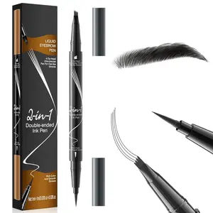 4D Microblading Brow Pen for Women & Grils, Curved Design Eyebrow Pencil with Dual-Tip Precise Fiber Brush & 4-Prong Applicator, Natural Hair-Like Strokes, Smudge-Proof, All-Day Wear(Grey)