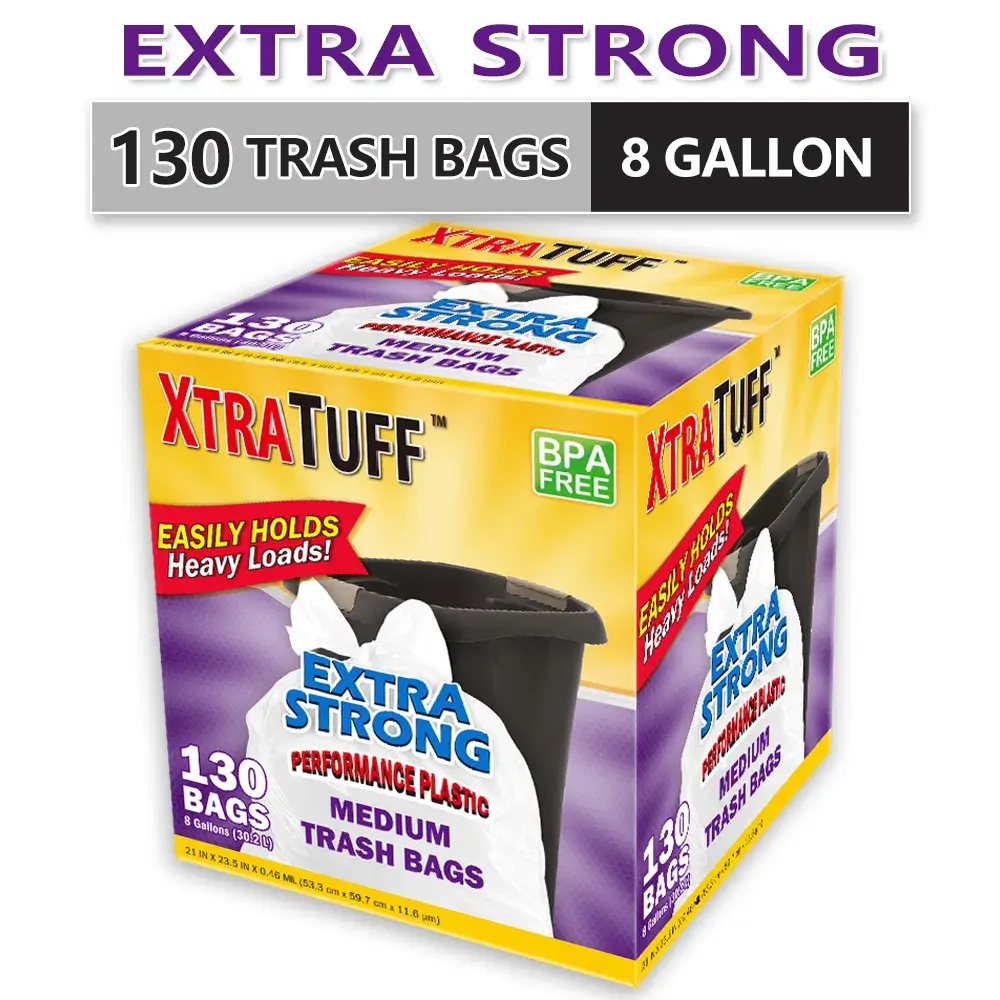 Plastic Drawstring Trash Bags - 130-Count, 8 Gal Large Disposable Boxed Bags, Puncture-Tear Resistant, Deodorizing Lemon Mint Scent for Kitchen & Toilet Household Use, Box Expansive Strong Aroma Leak-Resistant Lavender Garbage