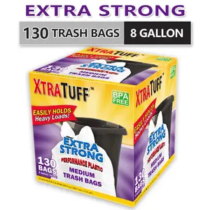 Plastic Drawstring Trash Bags - 130-Count, 8 Gal Large Disposable Boxed Bags, Puncture-Tear Resistant, Deodorizing Lemon Mint Scent for Kitchen & Toilet Household Use, Box