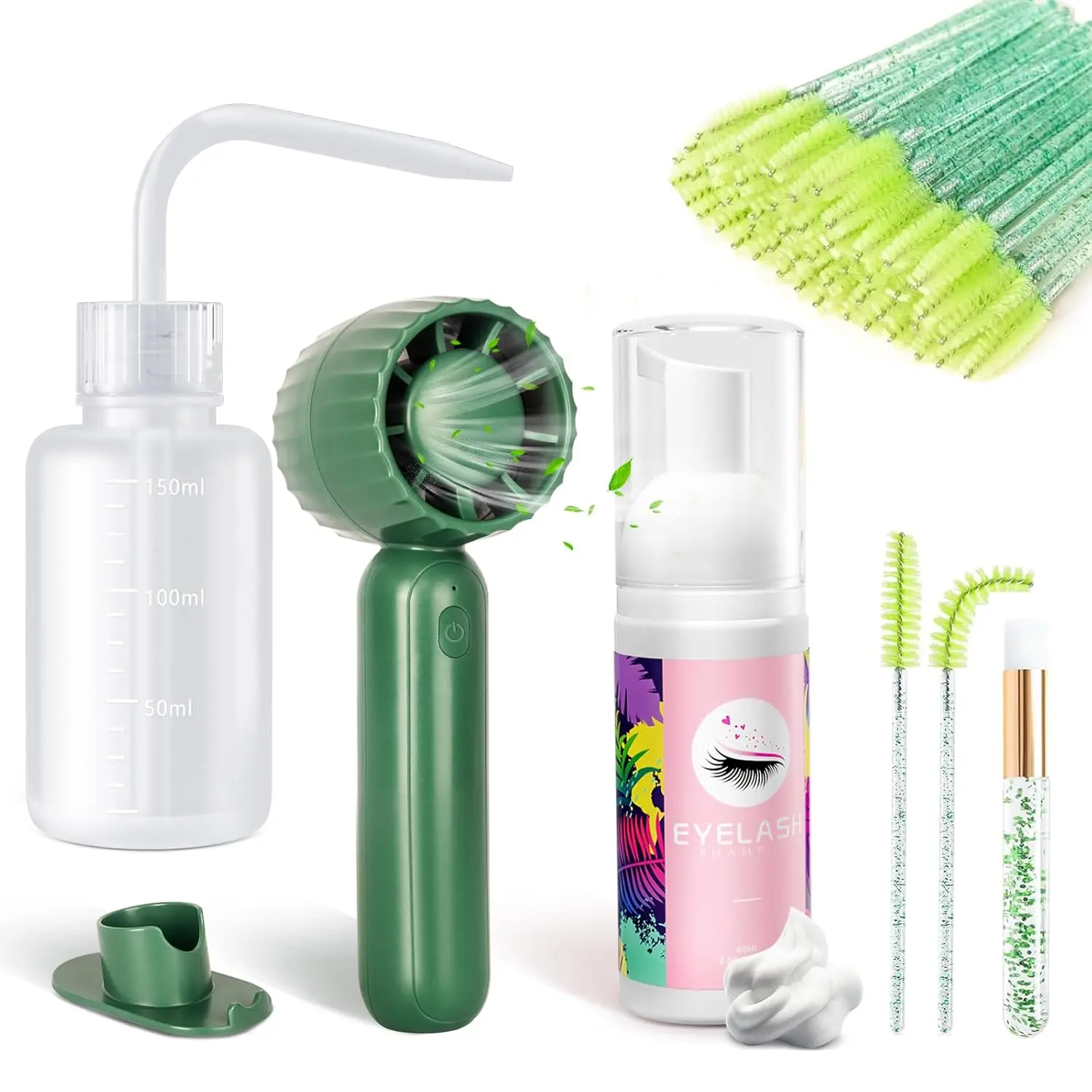Summer Spring Gift Lash Cleaning Kit - Lash Shampoo 60ML with Rechargeable Handheld Fan Dryer, Mascara Brush, Rinse Bottle, Makeup Cleansing Foam for Eyelash