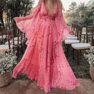 Women Off Shoulder Dresses V Neck Floral Print Pink Pregnant Swing Long Dress Casual Large Hemline Dress Party Chic Dresses