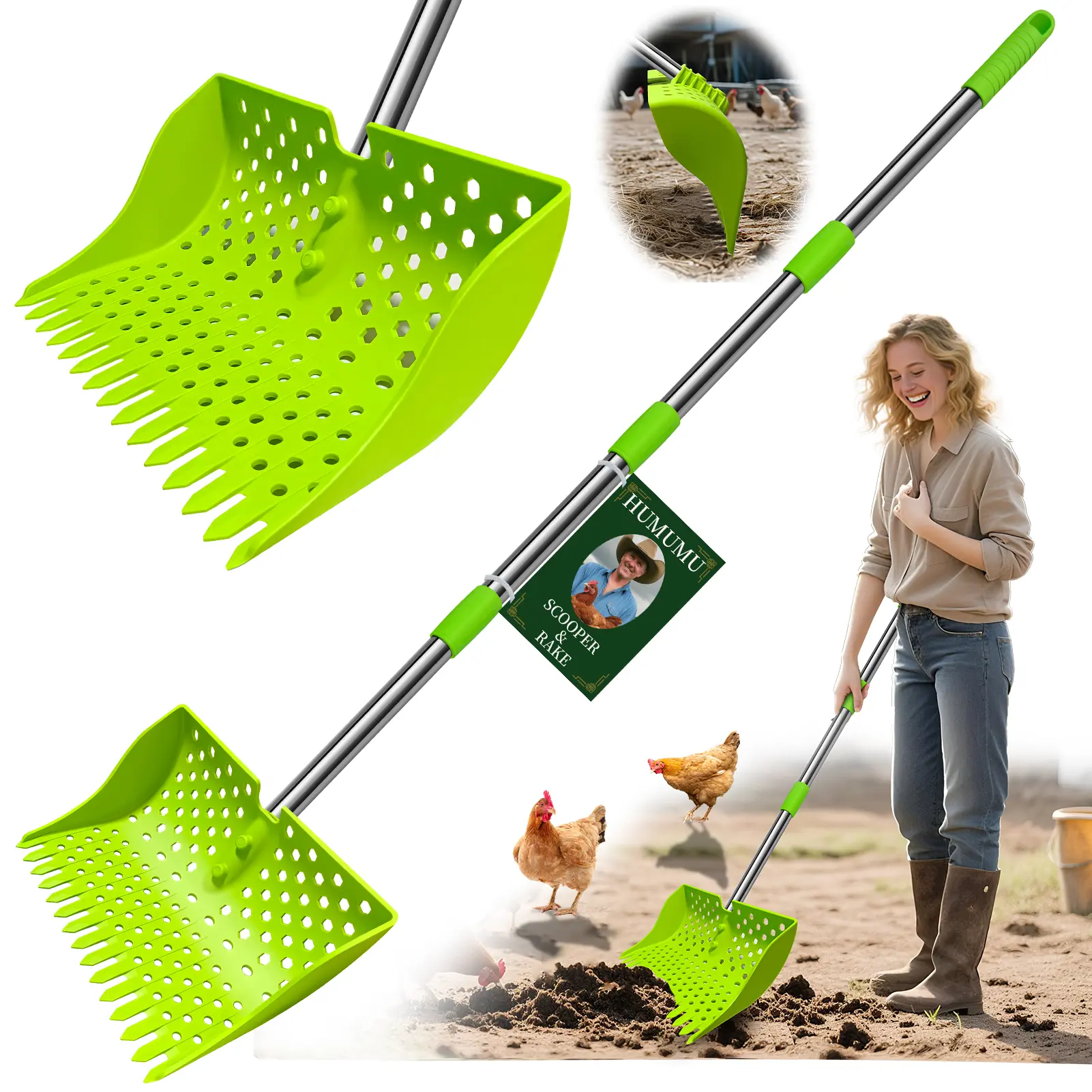 HUMUMU [U.S. Design Patent No. D1,124,534] 12-in 2-in-1 Chicken Poop Scooper & Rake, 3-Shape Sifting Holes, Adjustable 20-61-in Stainless Steel Handle for Chicken Coop Litter & Sand Sifting, Sifting Hole Shapes