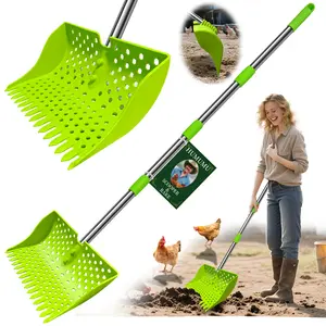 12-Inch 2-in-1 Chicken Poop Scooper & Rake – US Patent Pending – Chicken Coop Rake with 3 Sifting Hole Shapes，Stainless Steel Handle （20–61"）– Litter Scooper Sand & Sifting Shovel for Chicken Coops