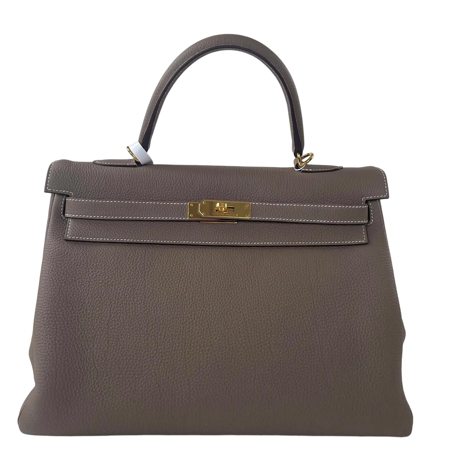 Pre-owned HERMÈS calfskin Messenger Bags Kelly, Gris Etain Togo Calfskin, Gold tone Hardware Handheld Shoulder Bag++Bag charm++