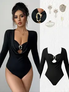 Women's Fall Winter Unique Design Two-Piece Set, Chest Decoration Long Sleeve Jumpsuit, Fashionable Comfortable Sexy Top, Inner Layer or Outer Wear, Bodysuits