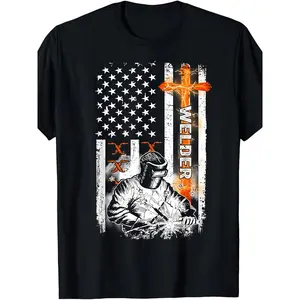 100% Cotton Mens Oversized Round Neck Graphic Print T-Shirt - Welder Flag, Welding Symbols (X-W) & Rods Design, Soft Breathable Casual Workwear Gift for Welders - Machine Washable Black Menswear Outdoor Top