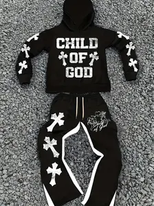 Men's Street Style Son of God Graphic Hoodie & Sweatpants Set with Cross Print Long Sleeve for Autumn Winter