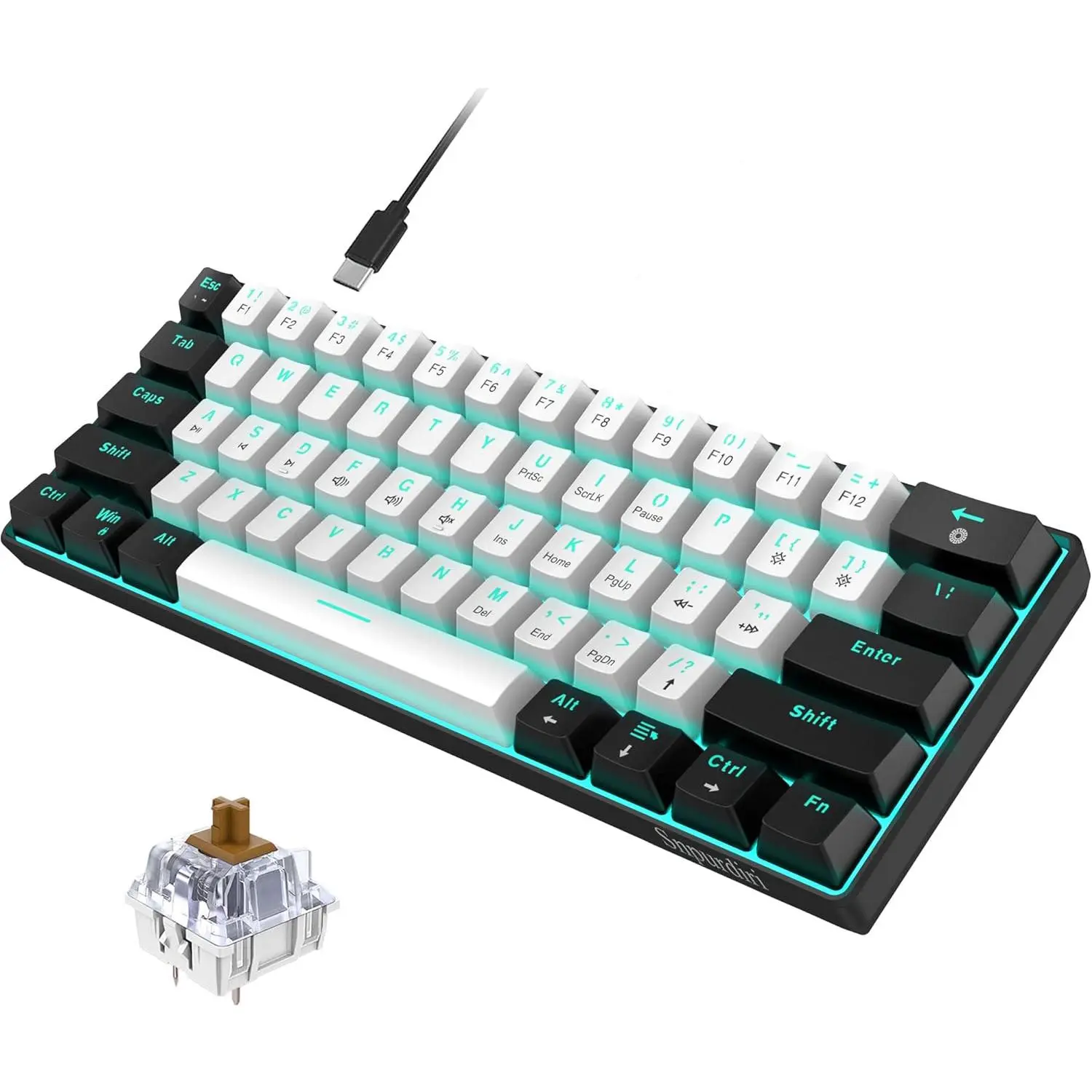 Snpurdiri 60% Wired Mechanical Gaming Keyboard, 61 Keys Mini Compact Keyboard with Ice Blue LED Backlit, Brown Switches, Portable Wired Keyboard for Windows Laptop PC Mac (Black-White)