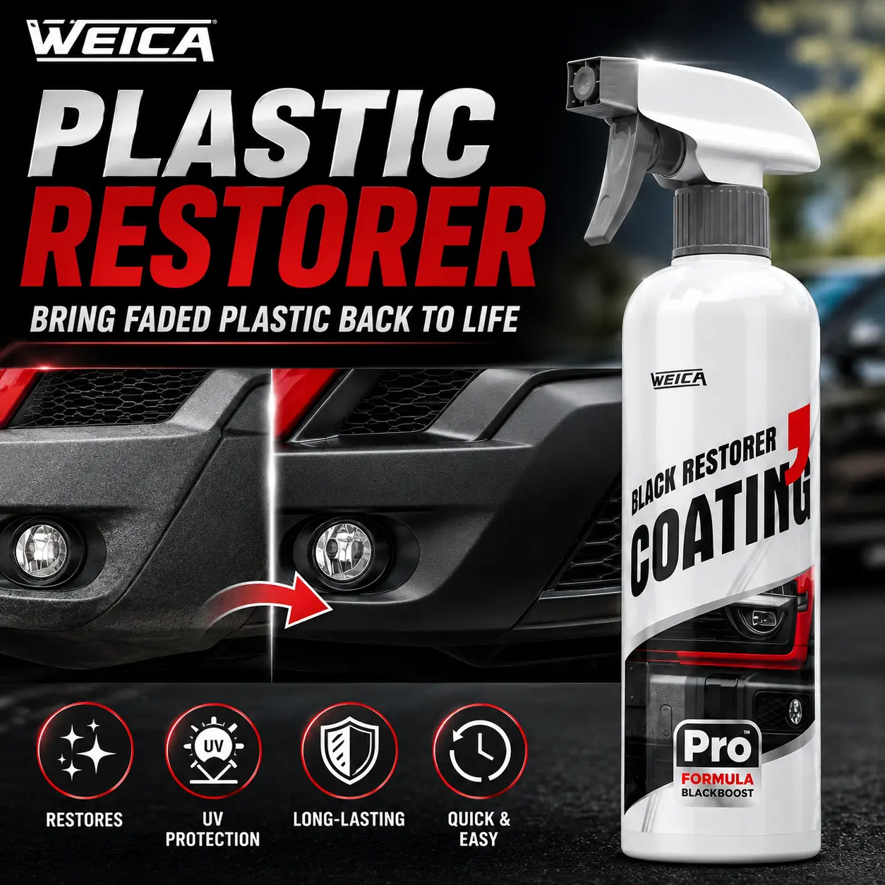 Car Plastic Restorer & Trim Coating Spray | Restore Faded Black Trim, Bumpers & Exterior Plastic | Long-Lasting Shine & UV Protection | Revives Weathered Plastic, Prevents Fading & Cracking | Easy Spray & Wipe Formula | Professional Car Detailing for Cars
