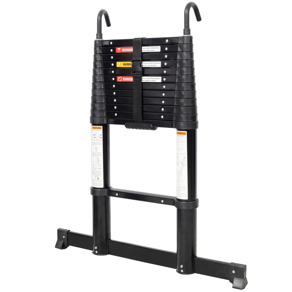 [LuckyNote] 12.5FT Telescopic Ladder Aluminum Ladder with Non-Slip Feet and Stable Hook, Slow Down Safety Function With Stabilizer Portable Extension Ladder for Household and Outdoor Working, 330lb Capacity Black