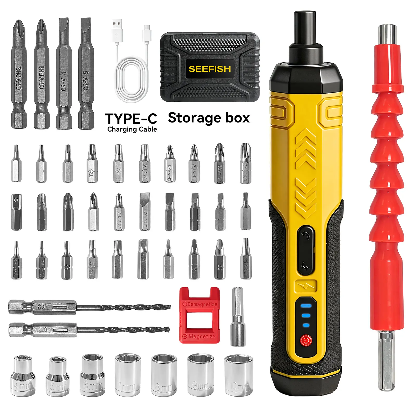 SEEFISH Rechargeable Electric Screwdriver Kit, 3-Speed Adjustable, 47-Piece Set with Front LED Light, Small Multi-Functional Household Power Tool for DIY, Electronic Repair
