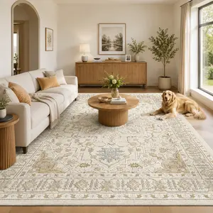 ComiComi Beige Gold Vintage Floral Area Rug, Soft Low Pile Machine Washable Rug, Waterproof Non-Slip Stain Resistant Carpet for Living Room, Bedroom, Dining Room, Office,Hotel Decor Item,Summer Win,Various Sizes