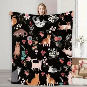 Comfort Cat and Floral Printed Flannel Blanket - Soft, Warm, Machine Washable, Perfect for Sofa or Bed Home Decoration A multi-functional and beautiful blanket suitable for decoration, use and as a gift. Add some fun to your home