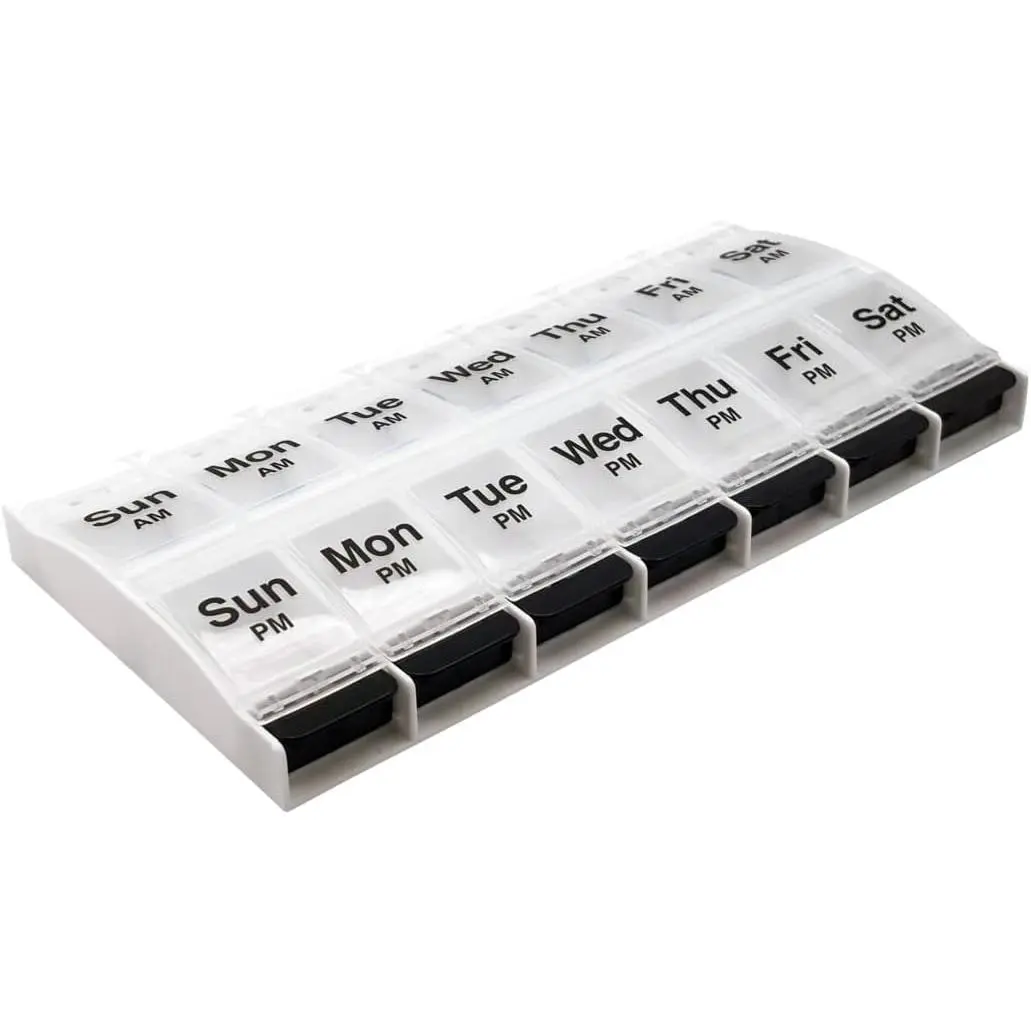 Push Button (7-Day) Pill Case – 7 Day Weekly Medicine Organizer, 2 Times a Day AM/PM Pill Box, X-Large Vitamin Organizer, Easy Open Arthritis Friendly Medication Container, Clear Lids, BPA-Free, Black/Clear