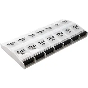 Push Button (7-Day) Pill Case – 7 Day Weekly Medicine Organizer, 2 Times a Day AM/PM Pill Box, X-Large Vitamin Organizer, Easy Open Arthritis Friendly Medication Container, Clear Lids, BPA-Free, Black/Clear