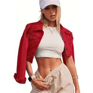 Women's White Cropped Denim Jacket - Long Sleeve, Button Closure, Casual Style with Pockets, Soft Fabric, Perfect for Spring and Autumn Outings Collar Coats Cotton Can be used with a raincoat