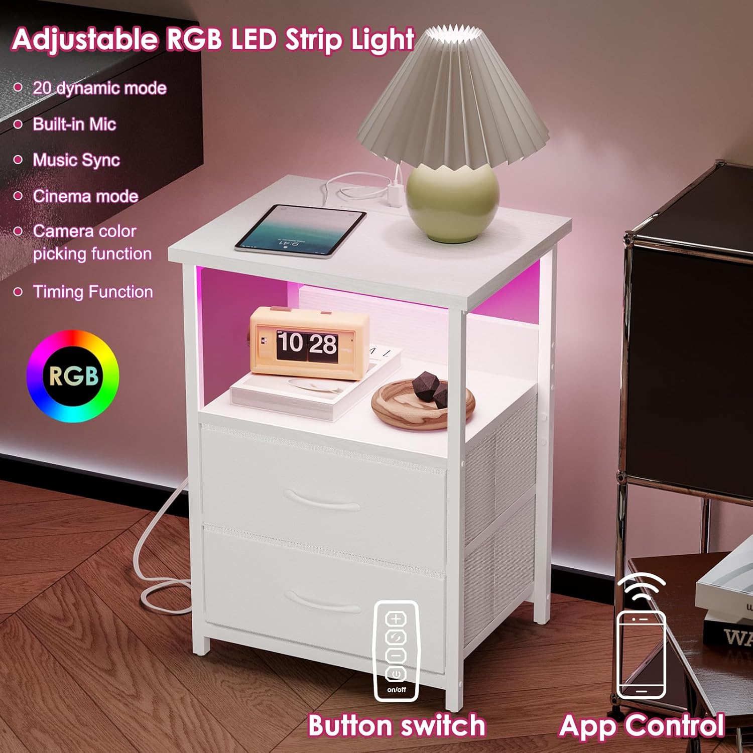 Night Stand with Charging Station, LED Nightstand with U-S-B Ports and Outlets, 2 Fabric Storage Drawers with PU Finish, Bed Side Table, White Night Stand with Charging Station, LED Nightstand with U-S-B Ports and Outlets, 2 Fabric Storage Drawers with PU Finish, Bed Side Table, White