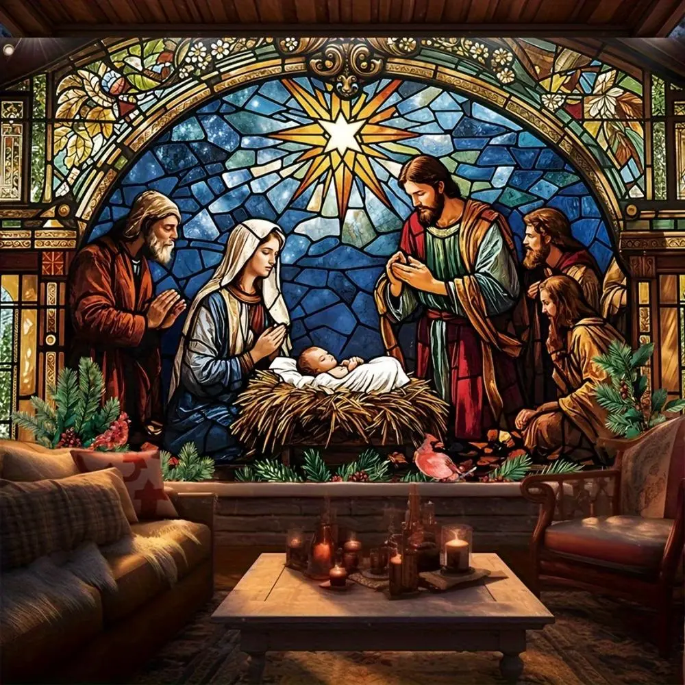 1pc Large 2D Flat Religious Backdrop Banner - Jesus Mary Joseph Nativity Stained Glass Religious Illustration Throws - Durable Fabric for Church Home Decor - Electricity Required - Jumbo