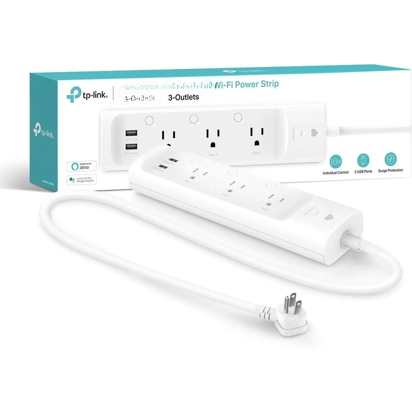 White Smart Surge Protector Power Strip KP303 - 3 Individually Controlled Outlets, 2 USB Slots, Surge Protection, Smart Control, Works with Alexa & Google Home, No Hub Required