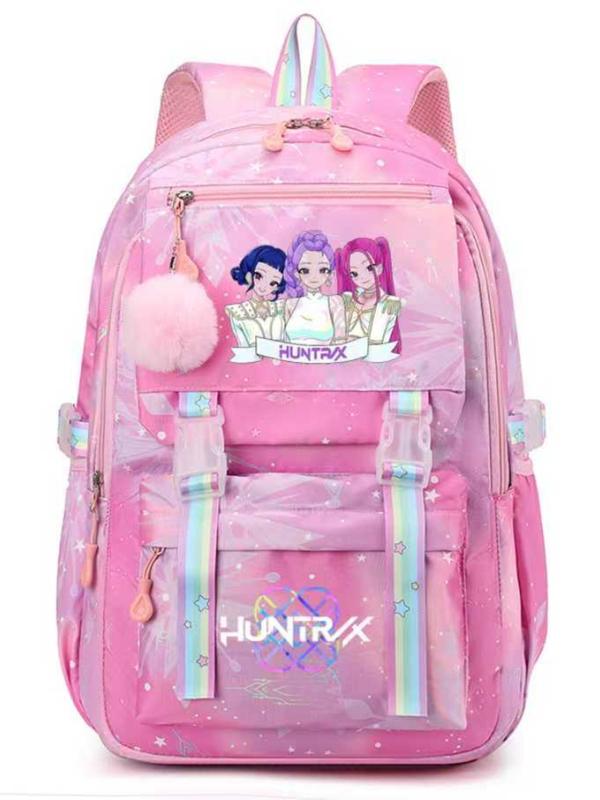 Cute Kpop Hunter Girl Group Cartoon Backpack, Trendy Backpack, Adorable Jk Plaid Sweet Student Bag, Anime Style with Fur Ball, All Seasons, Cute Versatile Backpack