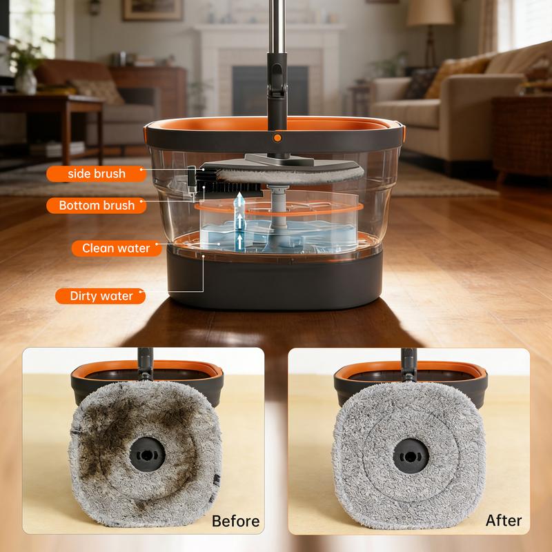 Mop and Bucket Set, Spin Mops with Separate Dirty and Clean Water, 6 Replaceable Mopping Pads with Foldable Buckets for Household Use Floor Cleaning
