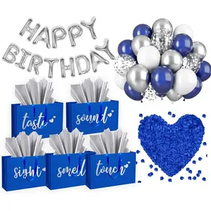 5 Senses  Bags Five Senses Birthday Party Decorations with Tissue Paper, Rose Petals and Happy Birthday Banner Balloons Five Senses  for Him Husband Boyfriend (Blue )