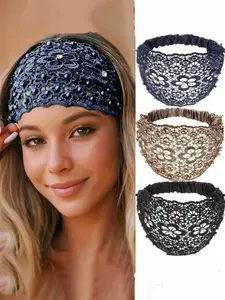 3pcs Floral Lace Wide Headbands for Women, Vintage Boho Beaded Style, Stretchy Non-Slip Hair Bands for Yoga, Travel, Daily Wear, Makeup & Festivals