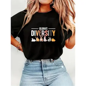 Women's Celebrate Diversity Bunny Graphic Tee - , Casual Round Neck Short Sleeve T-Shirt, Machine Washable, All-Season Wear technoblade merch Cotton Fabric shirts women brandy melville outfits