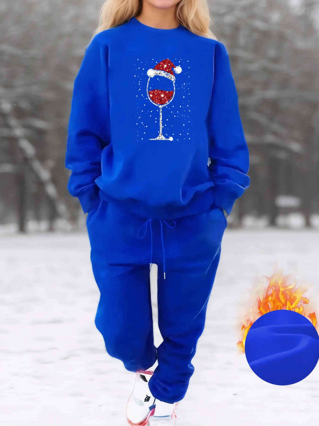 Women's Plus Size Fall Winter Fleece Sweatshirt Set, Christmas High Heel Print Casual Streetwear Long Sleeve Round Neck Top & Drawstring Pants