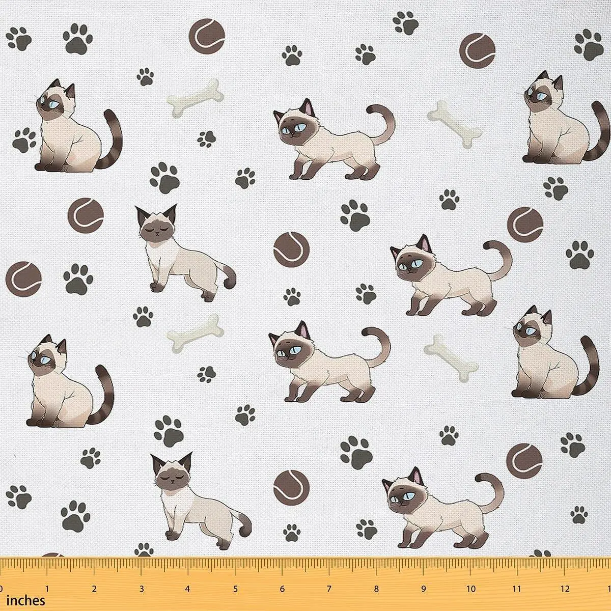 Cute Cats Fabric Lovely Cartoon Siamese Cat No Stretch Sewing Fabric Watercolor Paw Print Wild Animals Graffiti Soft Flannel Polyester Fabric DIY Home Accents Pre-Cut