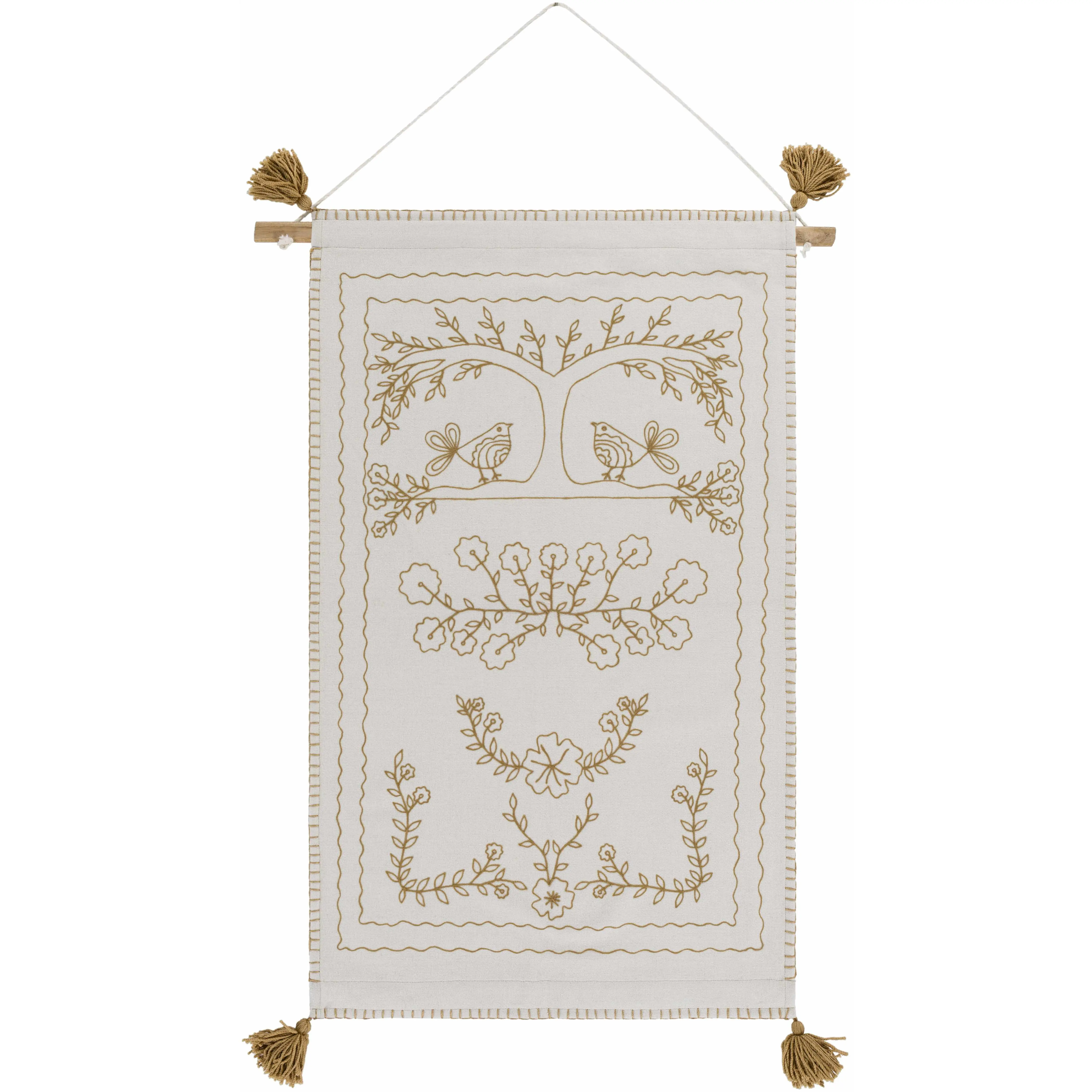 Schaffer Golden Embroidered Flower Wall Hanging Decor, Hangable Home Decor Accent