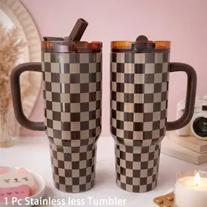 1 PC 40oz Aesthetic Checkerboard Stainless Steel Tumbler With Handle & Straw, Insulated Iced Coffee Travel Cup, Large Capacity Mug For Car, Gym, Office, Cute Gift For Friends