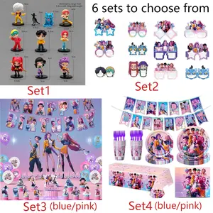 K-Pop Birthday Party Decoration Set Collection whimsical home decor,Kpop Anime Girls - Tablecloths, placemats, plates, cups, banners, forks, figurines, Backdrop, balloons, cake decorations, stickers, glasses and masks, K-Popbirthday party tunique decor