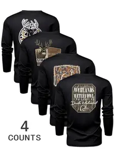 Men's Animal Series Round Neck Long Sleeve T-Shirt Set, Casual Outdoor Sports Wear, Outdoor Sportswear for Spring & Fall, Fitted Style, Moderate Fabric Thickness