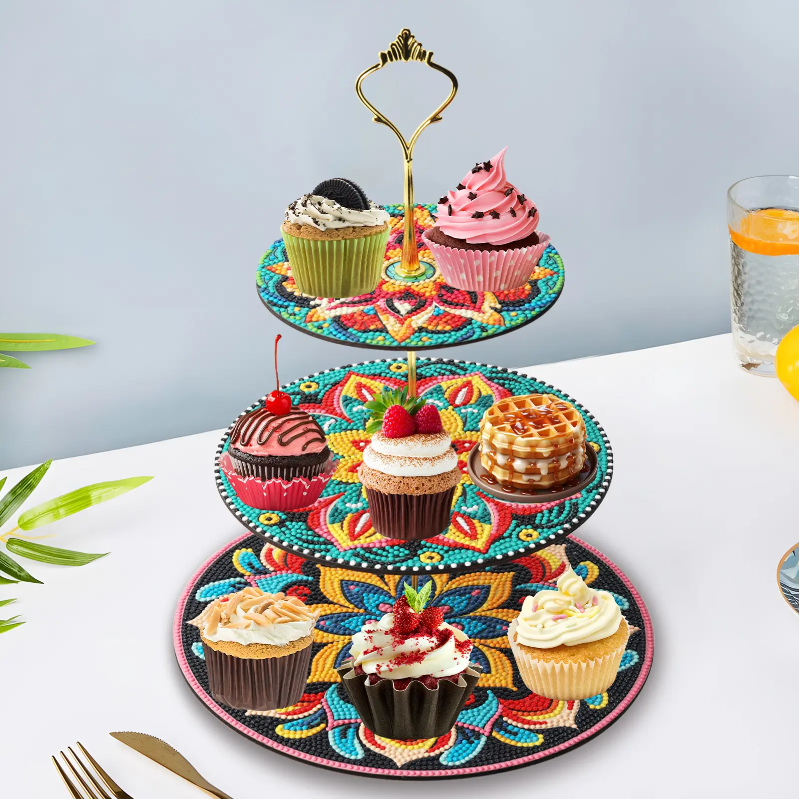 5D Diamond Painting Platter with Storage - 3-Tier Wood Display, Dessert-Themed DIY Handmade Art for Kitchen Table Decoration, Creative Gift (Toys & Hobbies, DIY Needlework)