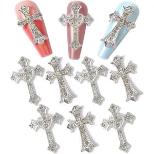 3D Cross Nail Charms, Silver Crystal Cross Nail Decorations for Nail Art, 10Pcs, Metal Nail Art Rhinestones Cross Charms for DIY Designs Supplies (Silver)
