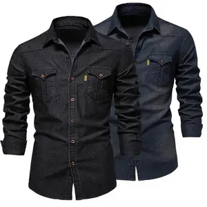 Fashion Autumn Cotton Denim Shirts Men Casual Long Sleeve Quality Cowboy Shirt Solid Color Slim Fit Elastic Jean Shirts for Men Menswear Top Beige Plain Pocket Black