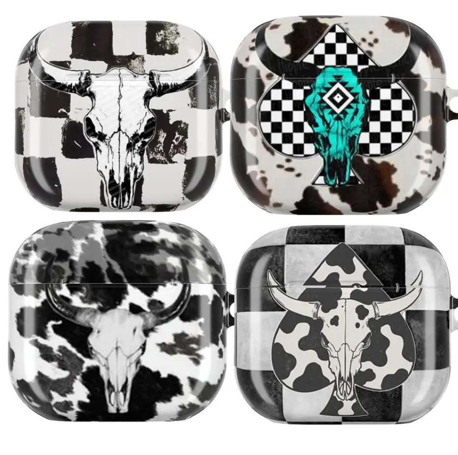 Western Cow Skull AirPods Case Set, Checkered Abstract Skull White Skull on Cowhide Black & White Boho Rodeo Vibes, fashion vibes rustic bold expressive collector gift play now, AirPods Pro 2 1, AirPod
