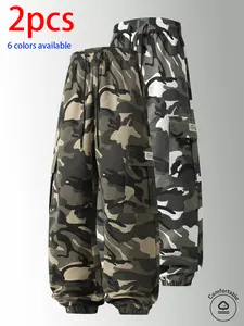 2-pack men’s long pants: camouflage cargo jogger pants with an elastic drawstring waistband and large side pockets; loose fit that doesn’t constrict the legs. Available in multiple colors; suitable for outdoor hiking and camping, everyday streetwear, shor