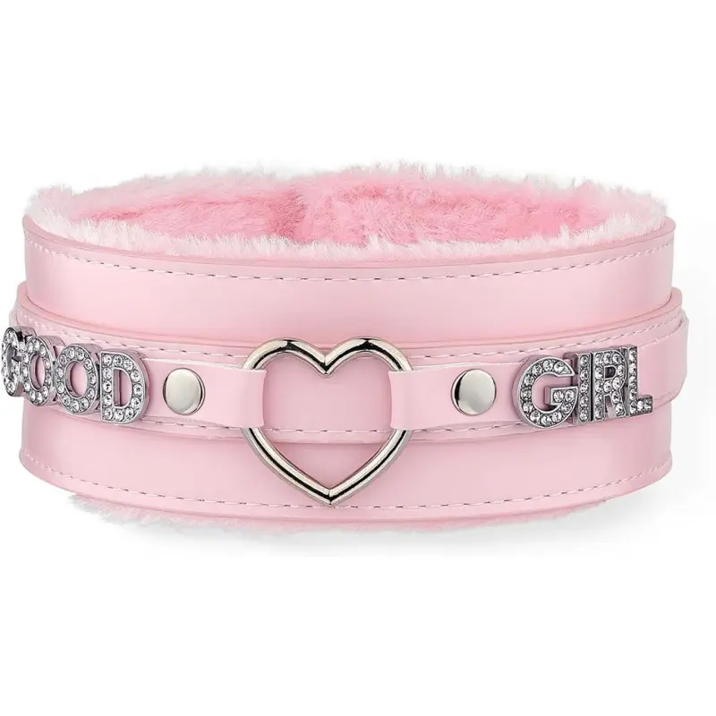 Women's Gothic Punk Leather Choker Collar - Adjustable, Pink Furry Heart Design, Sparkling Rhinestones, O-Ring, Heart Design Jewelry, Party Accessory