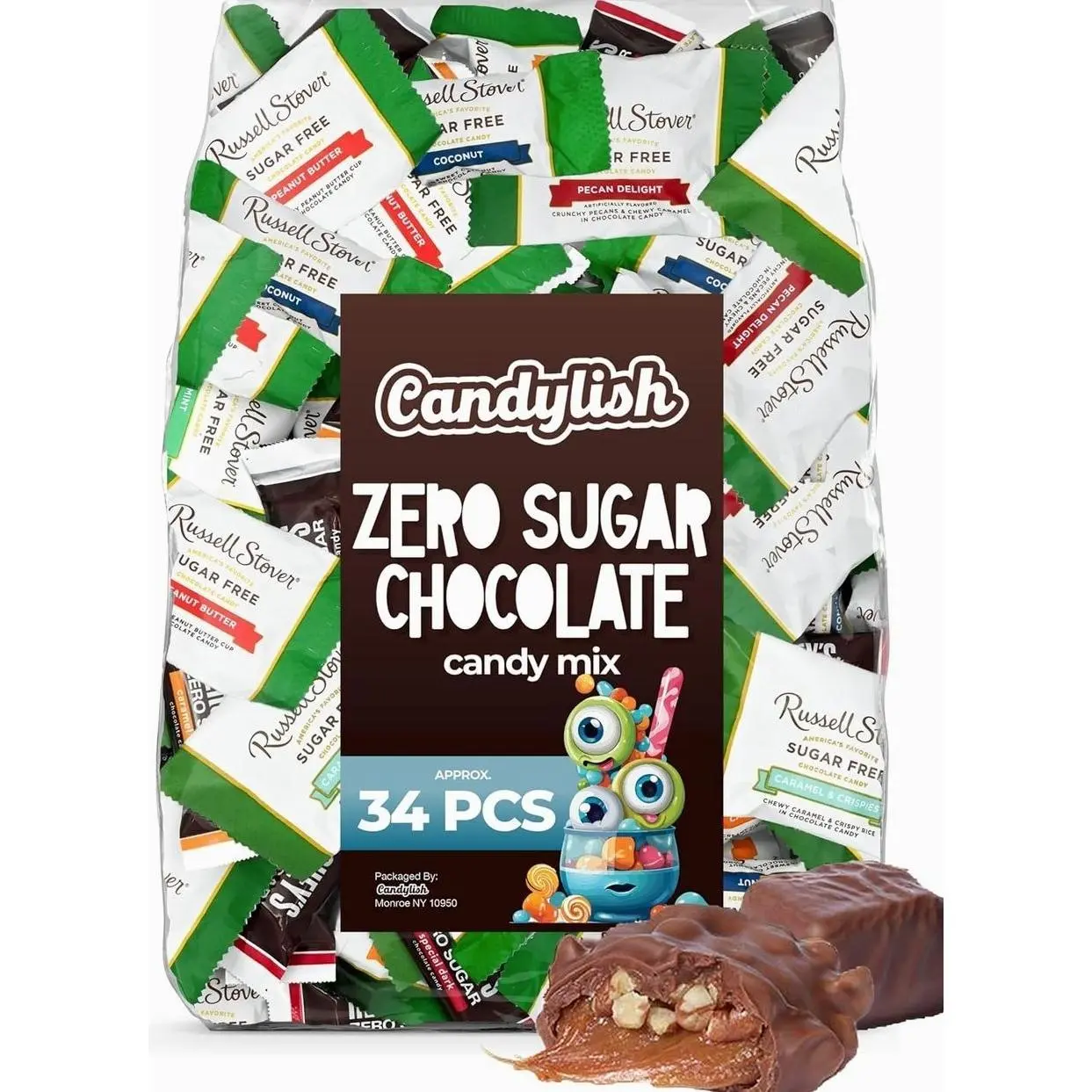 Zero Sugar Chocolate Candy Mix (Approx. 34 Pieces) - Russell Stover Assorted & Zero Sugar Bar Mix