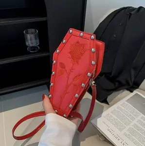 Halloween Womens Novelty Coffin Shape Shoulder Bag Halloween Vintage Gothic Embroidery Rose Crossbody Bag Alt Emo Small Purse (Red)Womens Novelty Coffin Shape Shoulder Bag Halloween Vintage Gothic Embroidery Rose Crossbody Bag Alt Emo Small Purse (Red)
